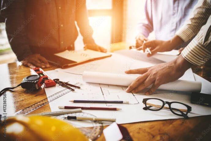 Architects collaborating on construction plans at a granite table