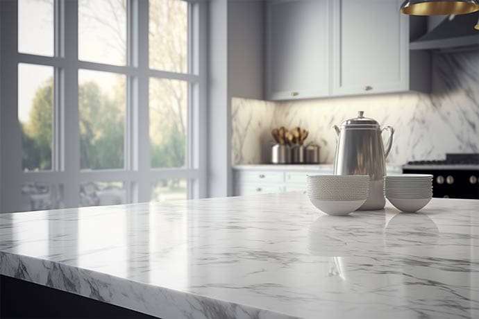 white and gray marble countertops in a modern kitchen