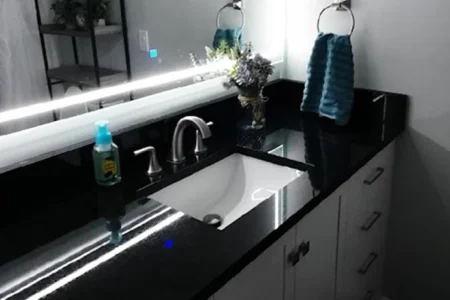 A newly installed bathroom countertop