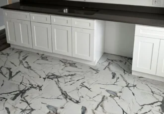 A freshly installed tile floor with marbled pattern